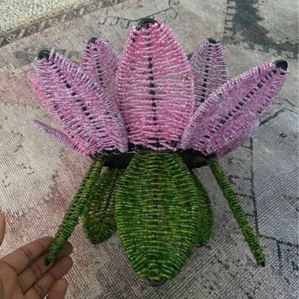 Large Beaded Lotus Flower Candle Holder / Glass Vase